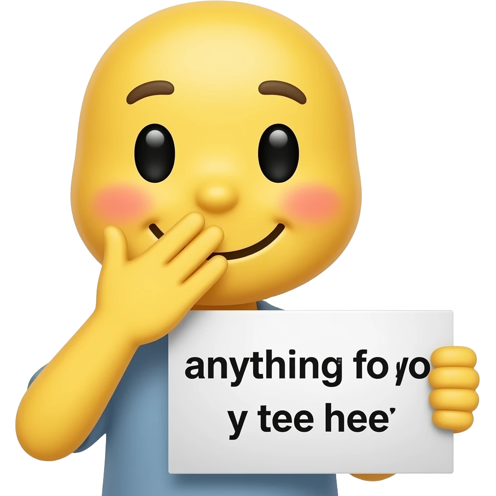 Yellow smiley blushing covering mouth in love holding up a sign sign that says "anything for you tee hee" emoji