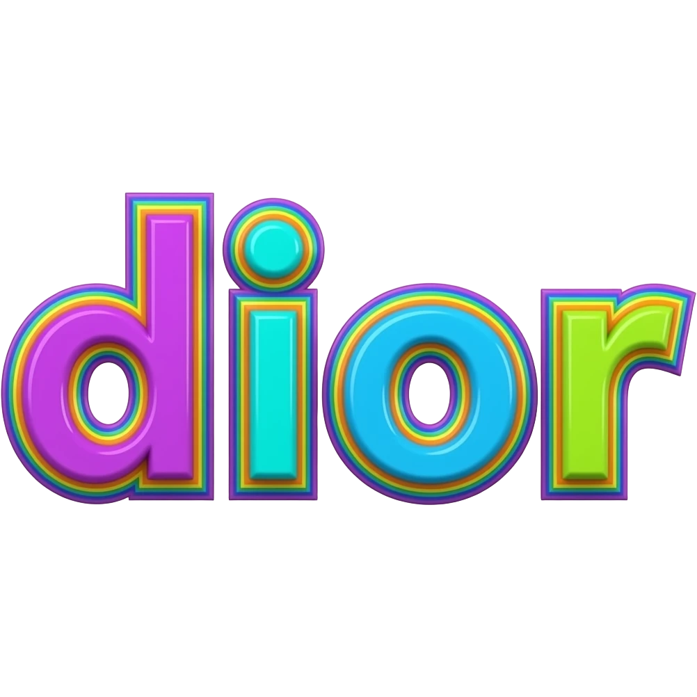 name "dior" in purple bright blue lime green 3D style typography lettering, each color of the rainbow as a border outlined around each letter, isolated, 3d rendering, no emoji icons no emoji faces and must have no human figures emoji