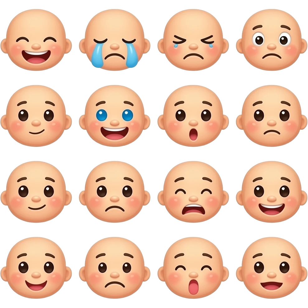 "prompt ai Generate images: Generate images: Generate images: sticker images featuring a cute face. Use a clean and simple background. Include a total of 16 different expressions: laughing, crying, sleepy, surprised, confused, eating, pouting, funny expression, and others. emoji