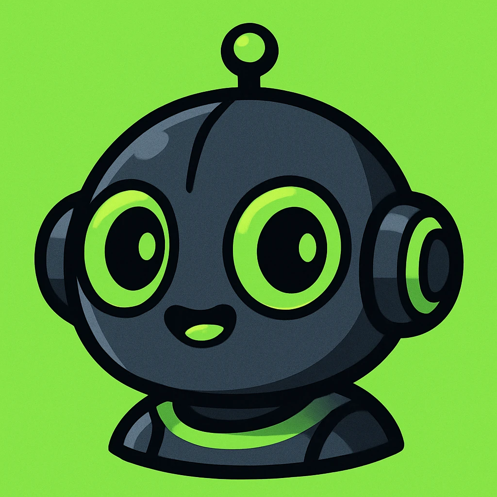 cute small robot headshot, round features, color scheme charcoal, black, neon green, gray, vibrant cartoon style emoji