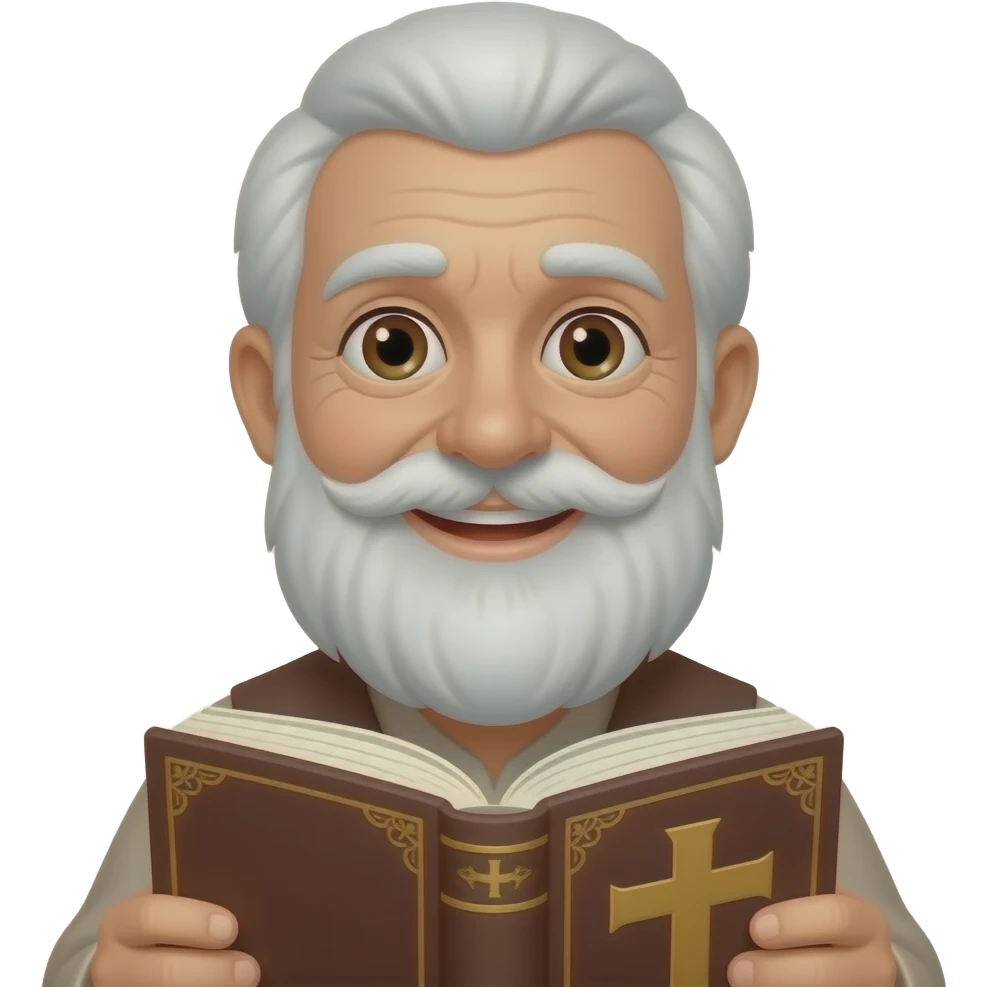 wise old man light brown skin brown eyes white beard smile with book that has a cross on it emoji