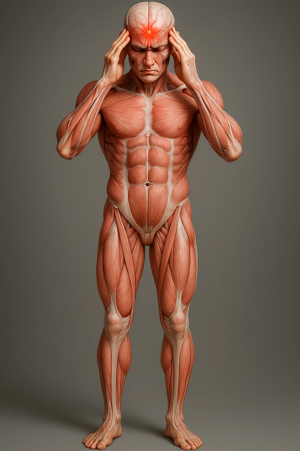 Full figure, hyperrealistic 4K medical illustration, exactly matching the style, pose, and composition of the reference: anatomical human body holding fingers on temples, contracted forehead, red spot on the forehead, expression of pain, clear background, extremely detailed, same lighting and style as reference. emoji