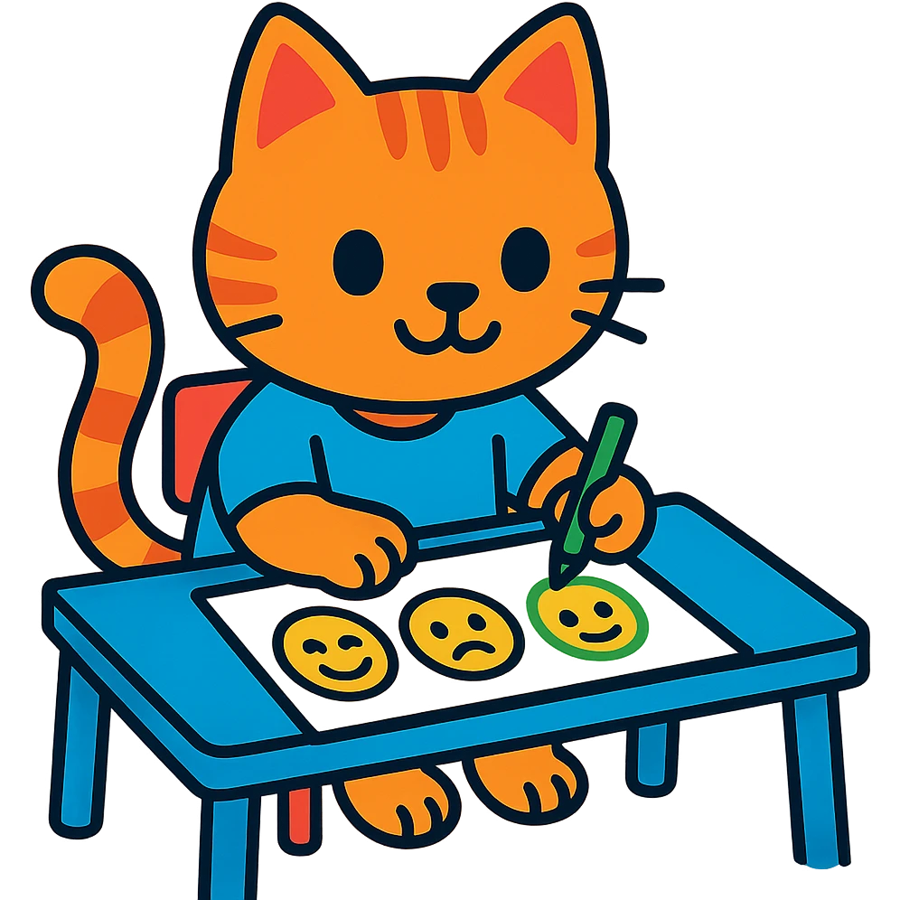 cute cartoon kitty sitting at a desk, drawing emoji faces emoji