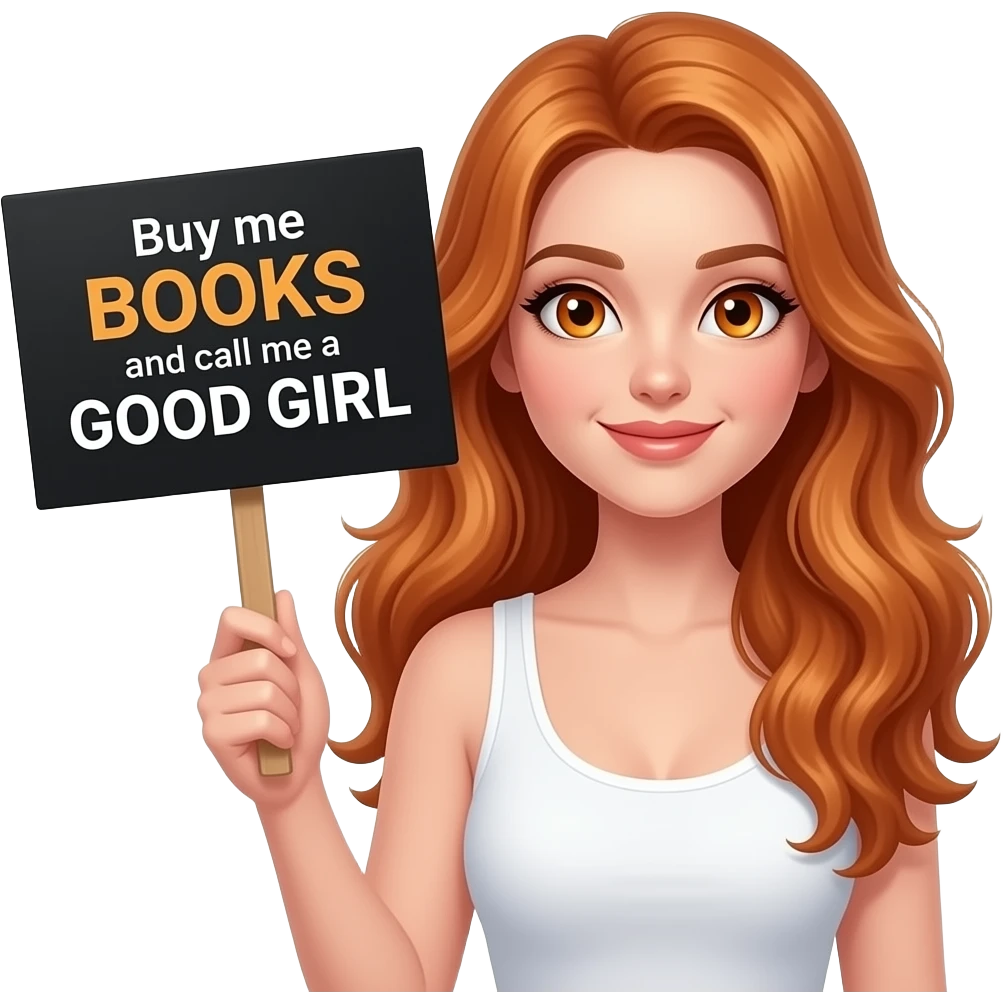 sexy girl with long wavy ginger hair and ginger eyes wearing a white tanktop is holding a black colored sign with Buy me BOOKS and call me a GOOD GIRL written on it emoji