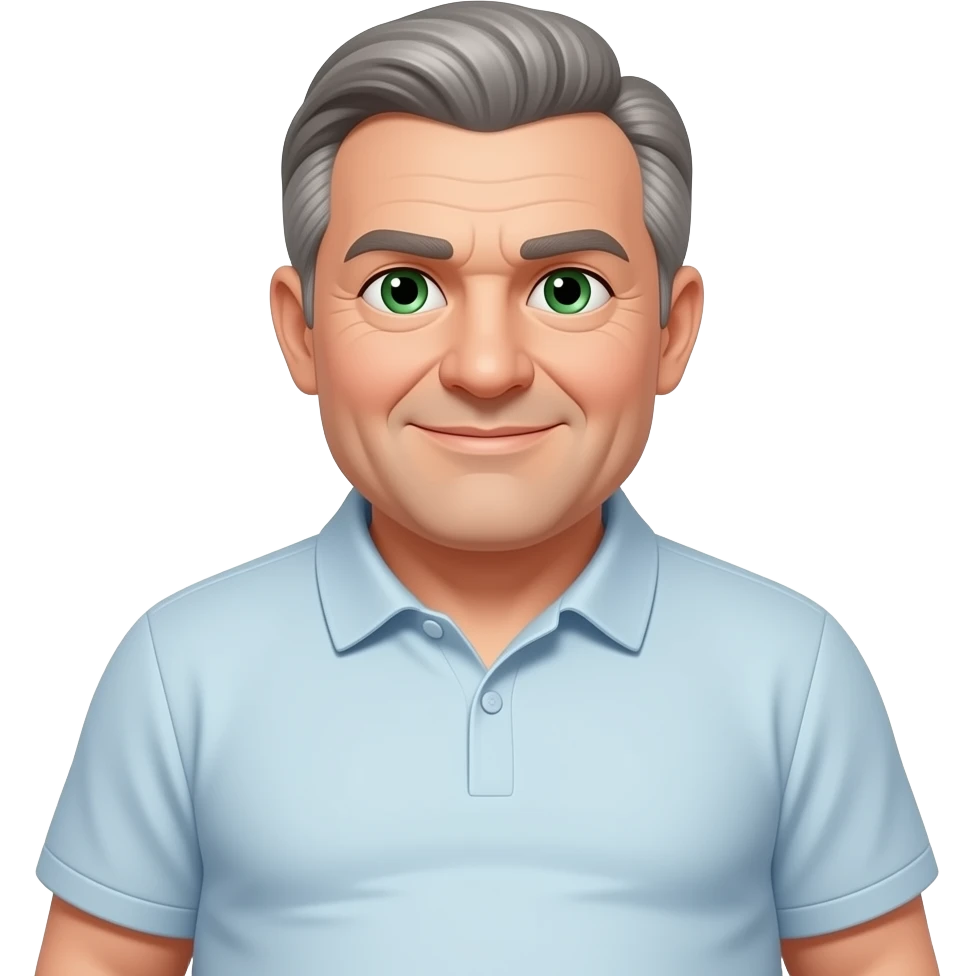 yeux verts gentil homme dans la cinquantaine, cheveux grisonnants et calvitie, ventre surpoids emoji