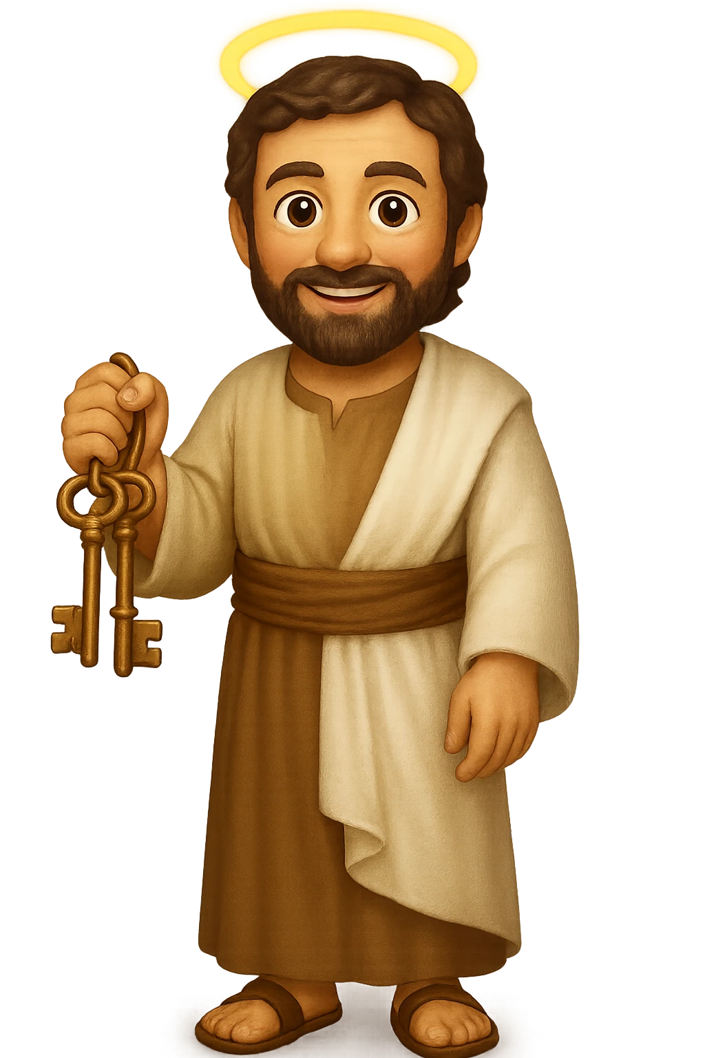 Create a fullbody apostle Peter in high detail, emoji style, wearing plain robes like the reference image, holding keys, expressive face, standing, halo. The style should resemble emoji style with clear details and colors. emoji