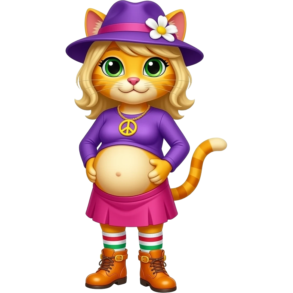 Yellow cat anthro with blonde hair purple hat with white flower peace sign necklace  purple long sleeved shirt pink skirt  long red white green  socks orange boots with yellow buckles  big pregnant belly emoji