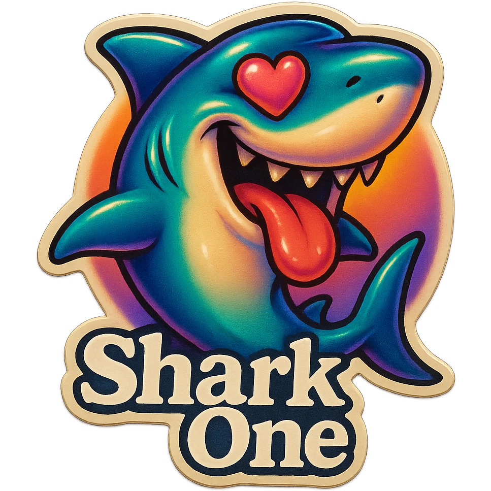 mouth open with tongue out heart shaped eye add the words “ Shark One " in White emoji