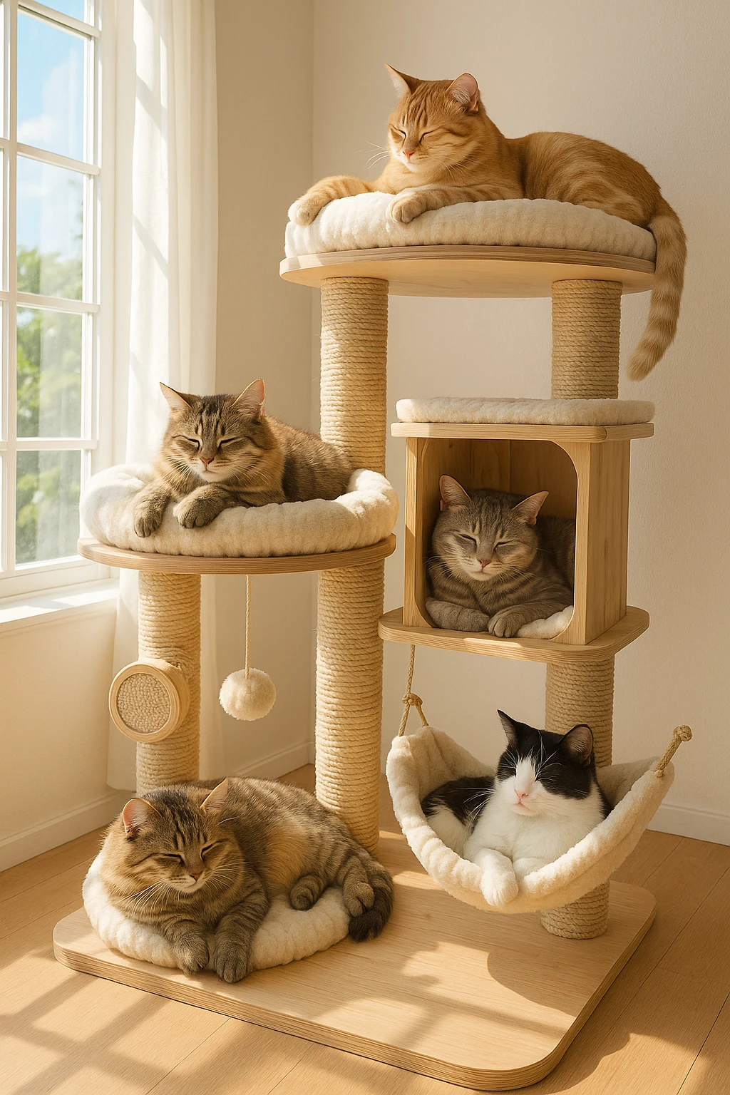 cats relaxing in a vertical playhouse emoji