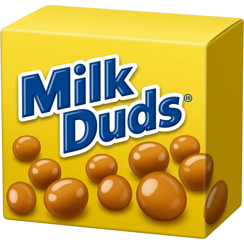 Rectangular yellow cardboard box with round Carmel candies depicted and says Milk Duds on the front emoji