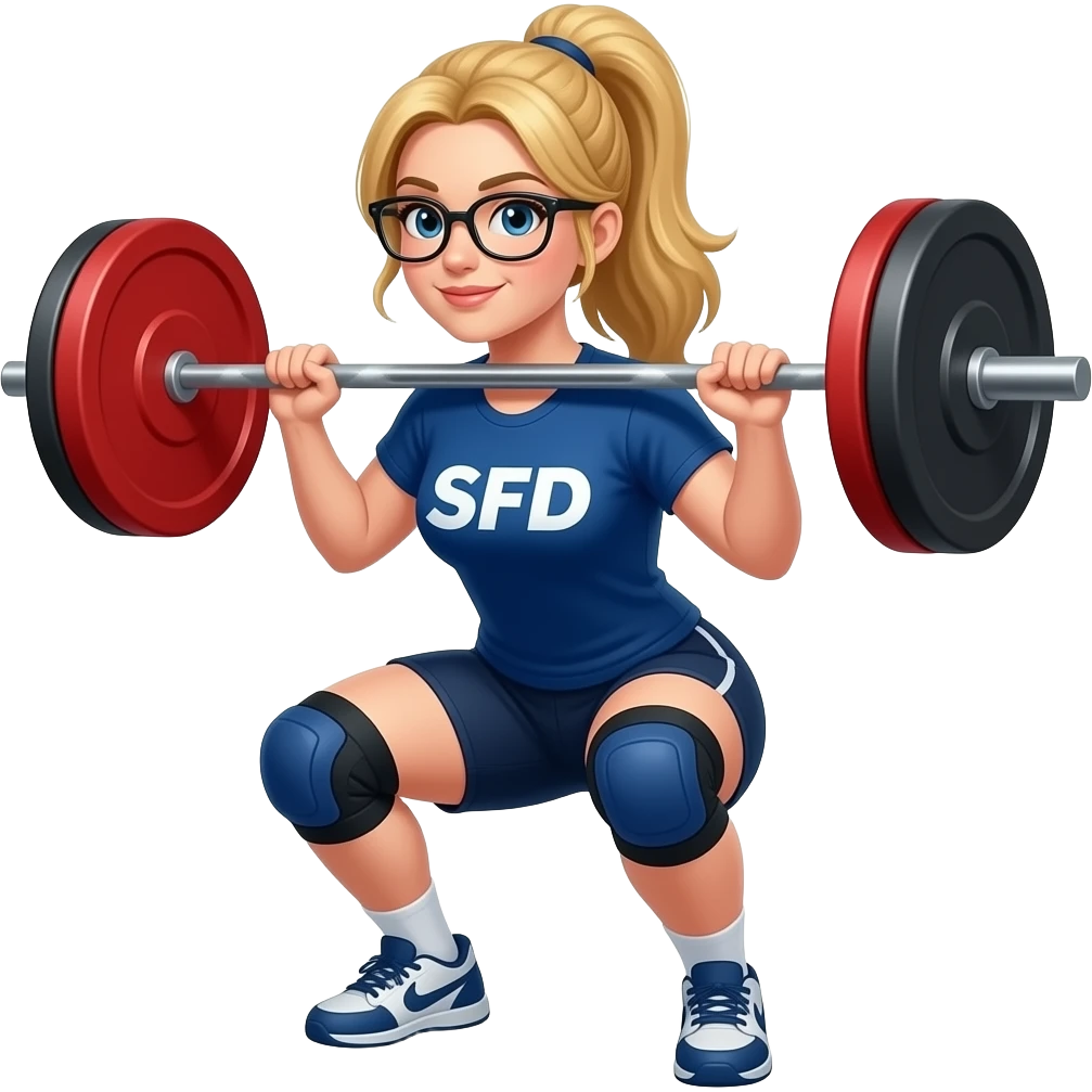 blond long hair female with glasses and pony tale doing squats with a barbell with 2 red and 1 black plates to the left and 2 red and 1 black plate to the right wearing SBD dark blue tshirt and dark blue shorts, knee sleves emoji