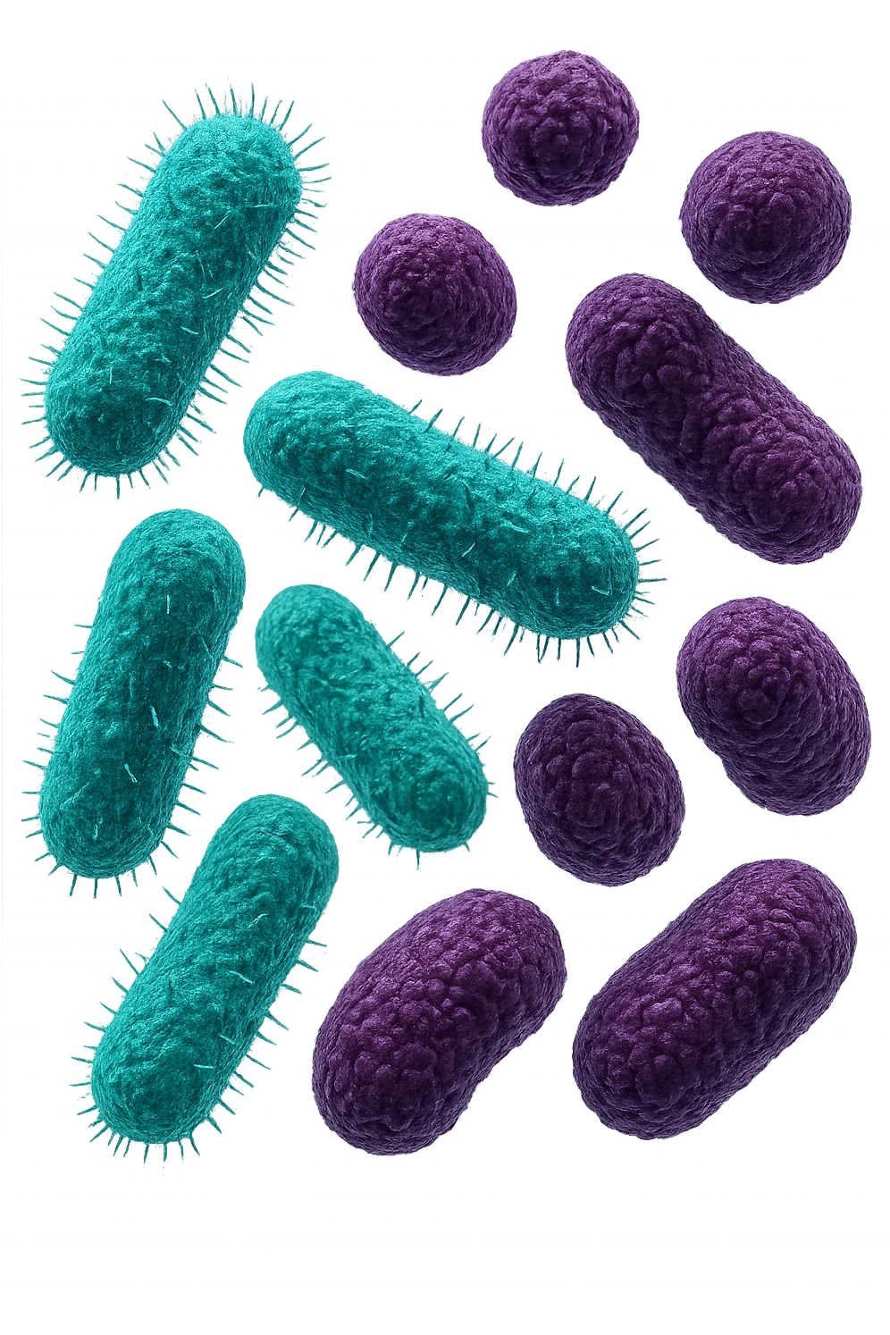 5 BATTERI BUONI E 5 BATTERI CATTIVI FLUTTUANO IN ARIA, I BATTERI BUONI FALLI TURCHESI, I BATTERI CATTIVI FALLI VIOLA, IPERREALISTICO 4K, NON DISEGNATO emoji