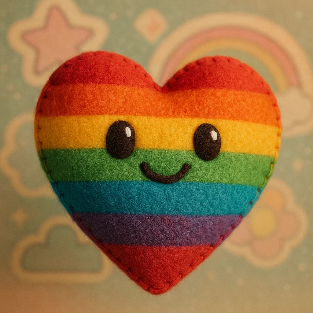 Create a rainbow pride heart combining plush portrait style and retro sticker style, using a pastel color palette with a subtle sparkle effect. No text. emoji