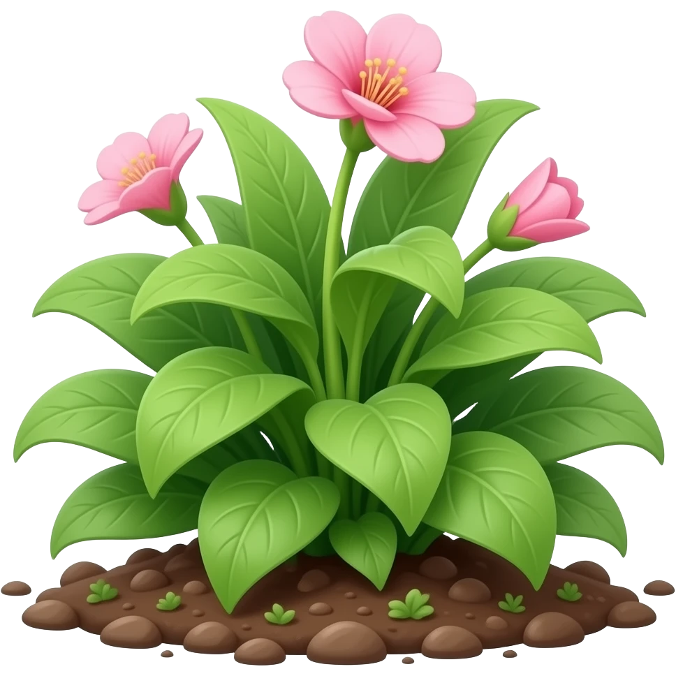 green plant from the ground with leafs And Pink flowers blooming emoji