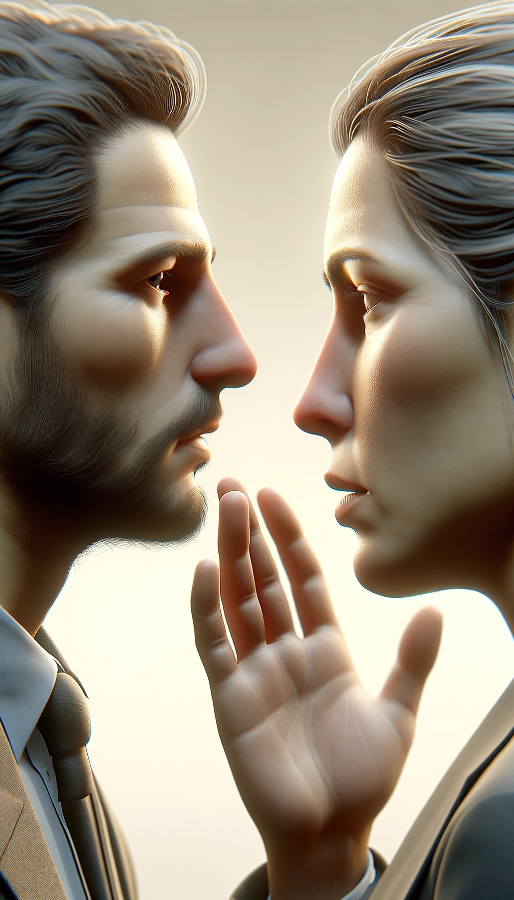 una persona parla e un altra persona di spalle lo ascolta, il significato dell'immagine è che dalle parole si capisce il valore della persona, immagine iperrealistica 4k, sfondo chiaro emoji