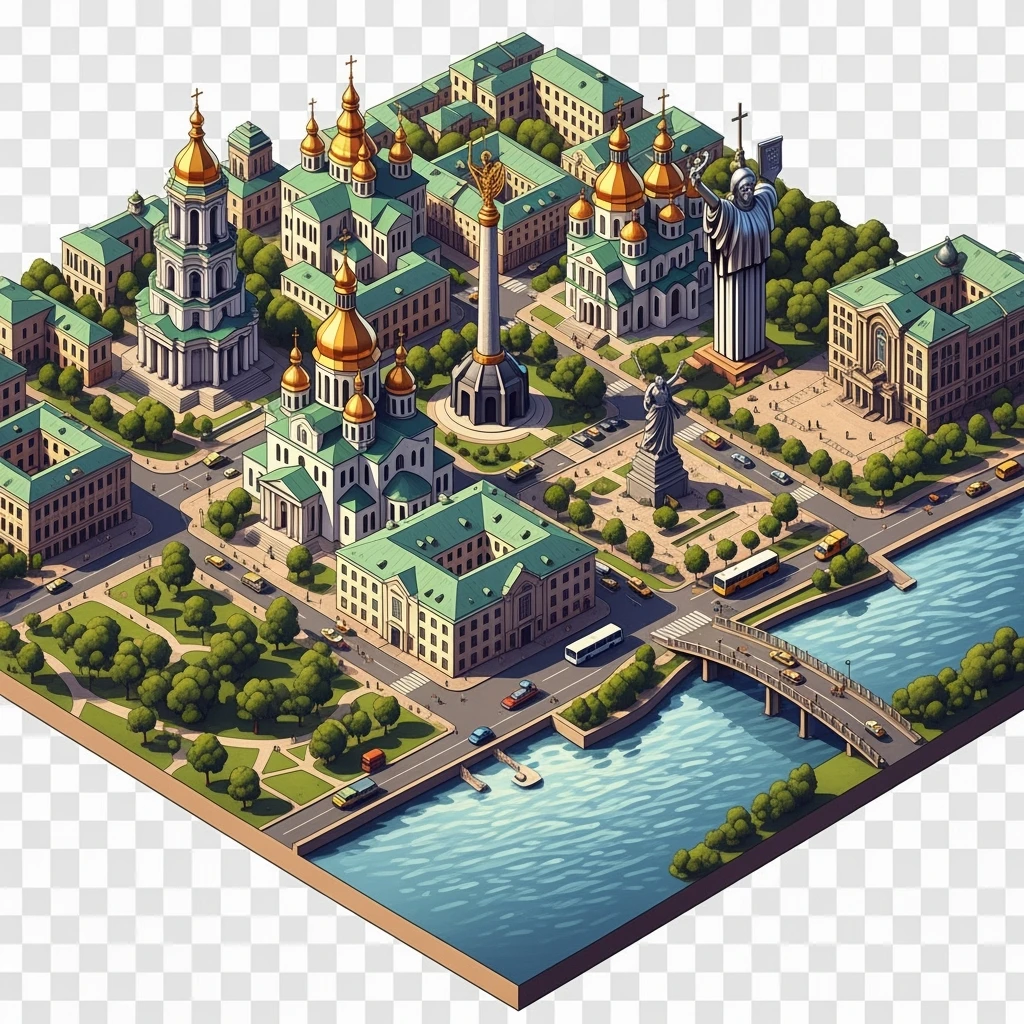 Isometric illustration of photorealistic Kyiv, balanced between paint stylized and realistic, 3D miniature effect, transparent background. emoji