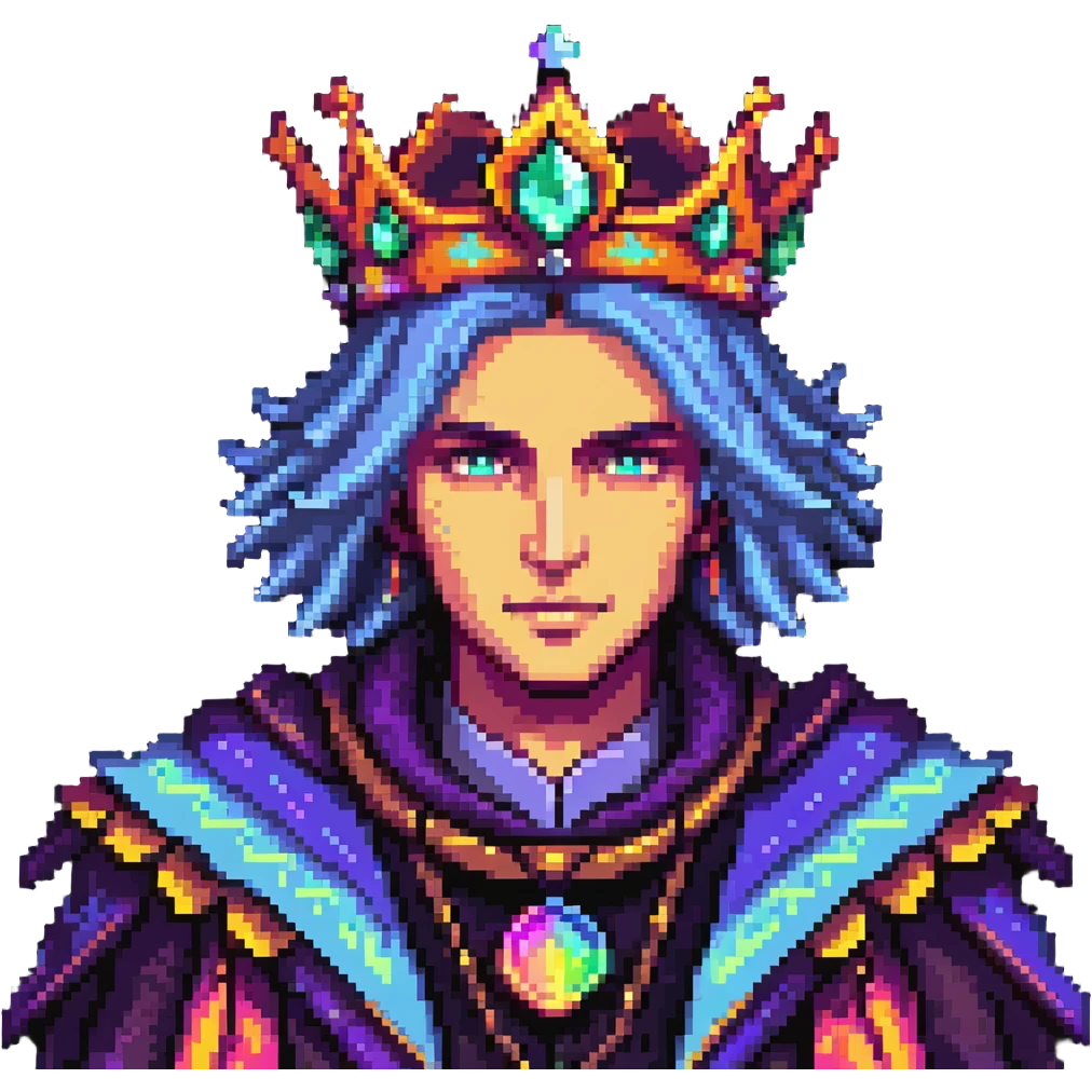powerful human mage with detailed face and crown, surrounded by vibrant colorful aura emoji