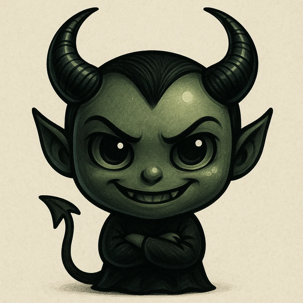 devil emoji in chibi style with gothic palette black and green, elegant horns, sinister smile emoji