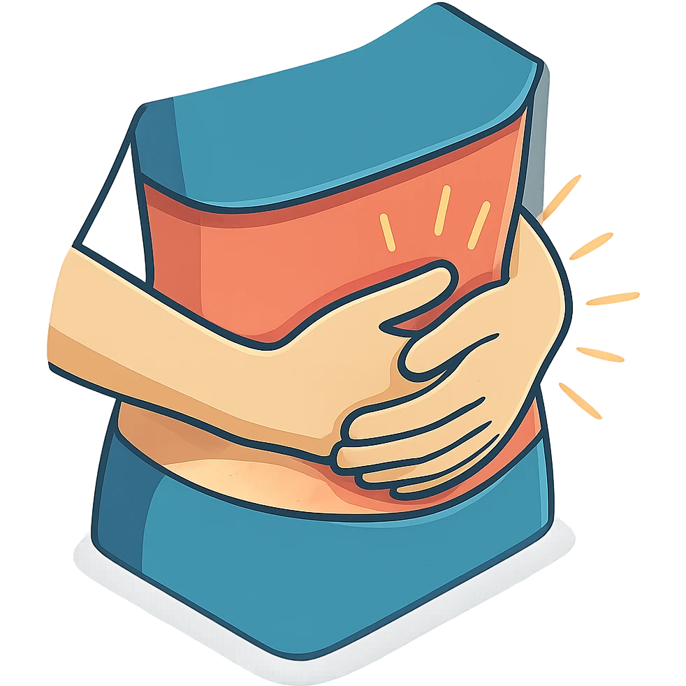 extreme close-up of a person's stomach with hands overlapping and pressing firmly, showing pain, only the stomach and hands, no face, 2D isometric illustration style emoji