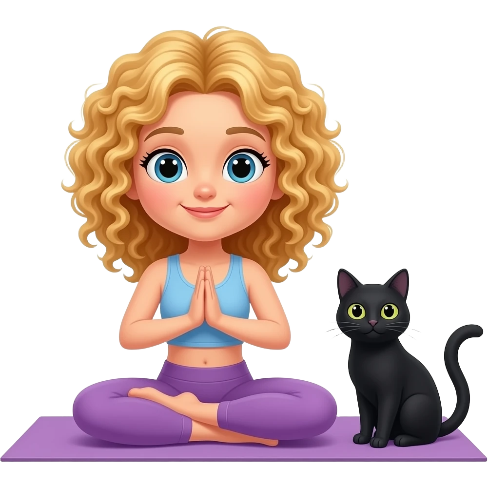 blonde curly haired yoga with black cat emoji