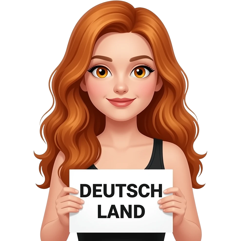 sexy girl with long wavy ginger hair and ginger eyes wearing a black tanktop is holding a white colored sign with DEUTSCH LAND written on it emoji