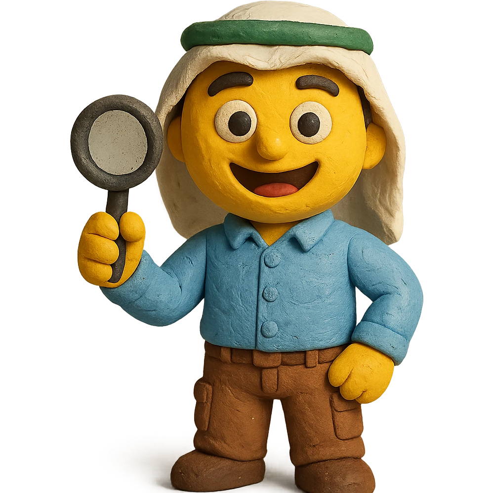Create a realistic emoji character named Master Hunt. He is a Saudi young adult ,a button-up shirt and cargo pants. In one hand, he holds a magnifying glass, and he has an enthusiastic smile on his face. The background should be transparent , positive work culture. emoji