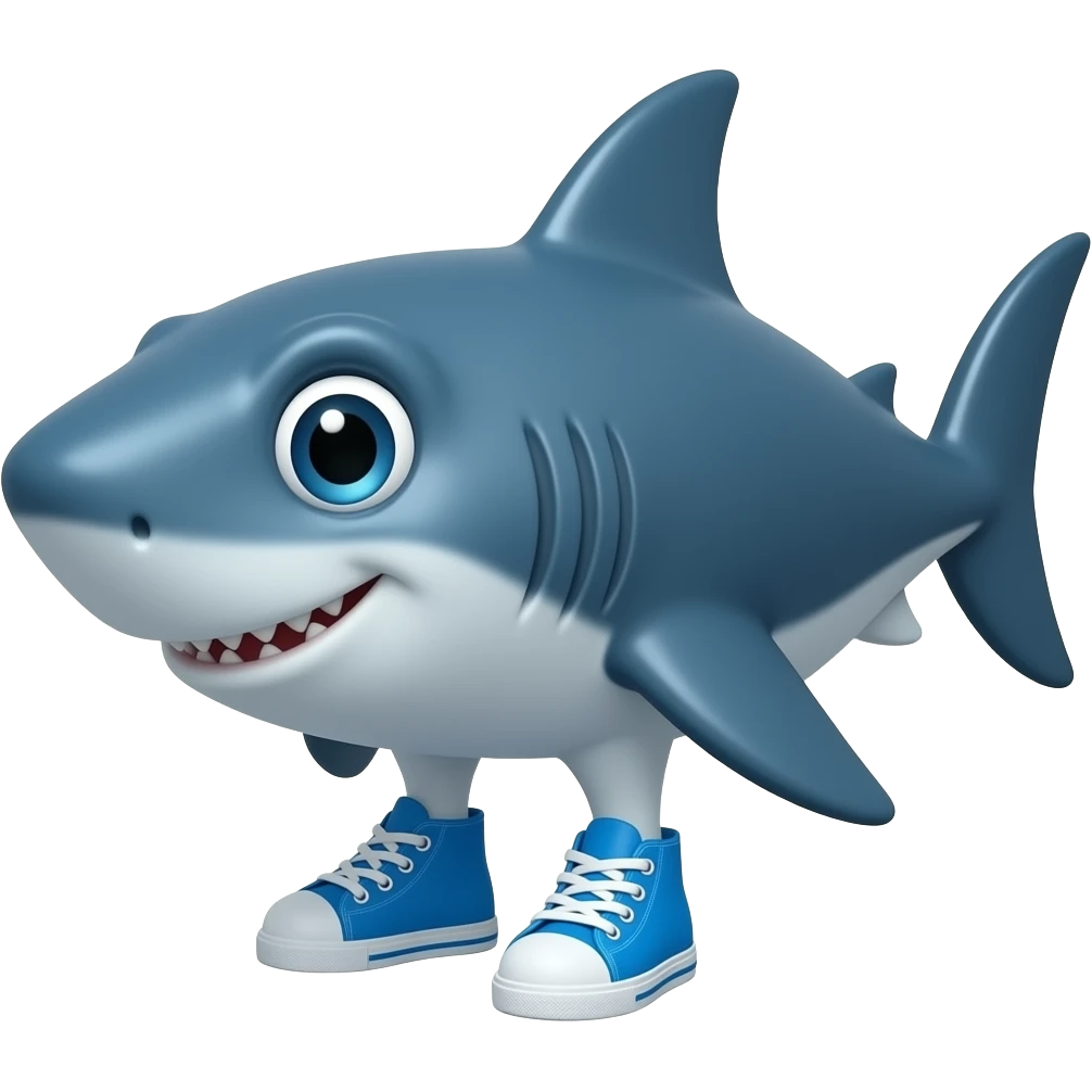a shark with a sleek blue body, big expressive eyes, and a slightly goofy grin. wears bright blue sneakers, giving him a funny, cartoonish vibe with a mix of cool and absurd energy he dose not stand like a human but like a dog he has 3 blue sneakers 1 at the bake 2 under his fins emoji