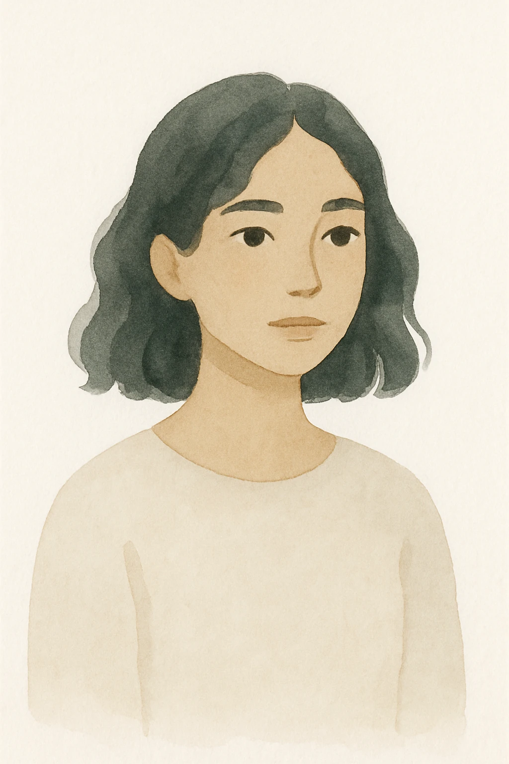 a girl with olive skin, black wavy shoulder-length hair, and dark brown eyes, in a soft illustration style emoji