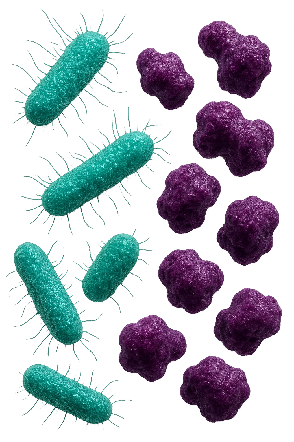 5 BATTERI BUONI E 5 BATTERI CATTIVI FLUTTUANO IN ARIA, I BATTERI BUONI FALLI TURCHESI, I BATTERI CATTIVI FALLI VIOLA, IPERREALISTICO 4K, NON DISEGNATO emoji