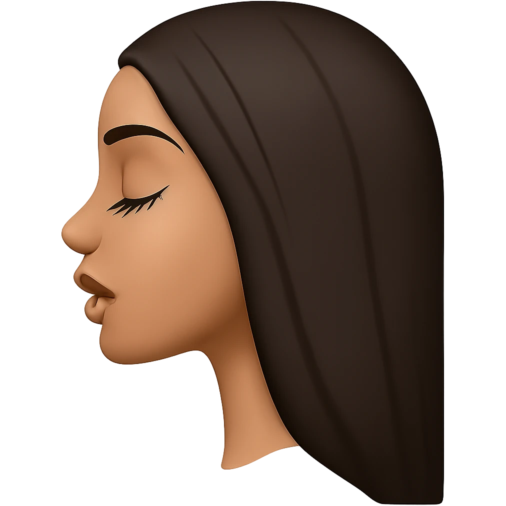 Create a side view (profile) of this woman's head in the normal iPhone emoji style, with closed eyes, long eyelashes, an open mouth, smooth shading, no outlines, long dark hair, and glossy lips with visible lip gloss. This is variant 1. emoji