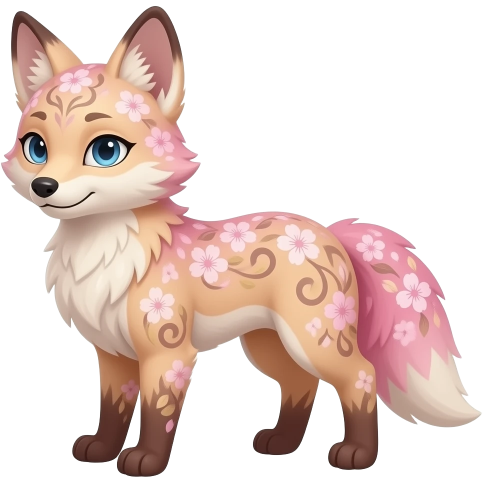 Anthropomorphic digitigrade Pastel beige and pastel Sakura-pink fox furry-Falvie-Fionbri-fursona with floral swirly markings and white spot markings, 2 legs, modern, sophisticated emoji