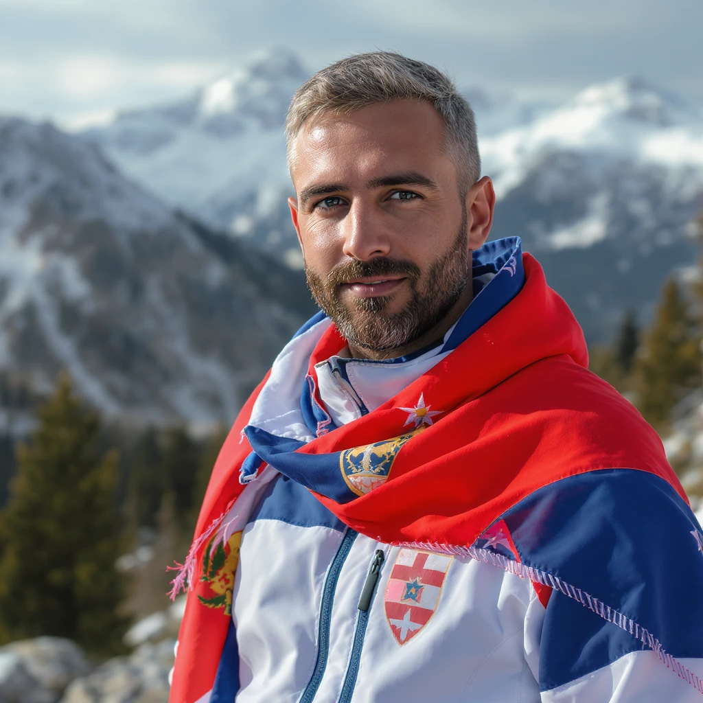 man with Montenegro flag, realistic style, detailed image emoji