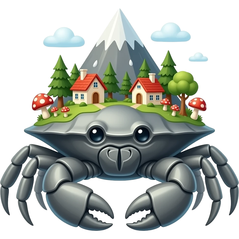 A Gray crab with houses on top of its shell in trees on it and also with mushrooms on it  facing forward Giant by mountain emoji