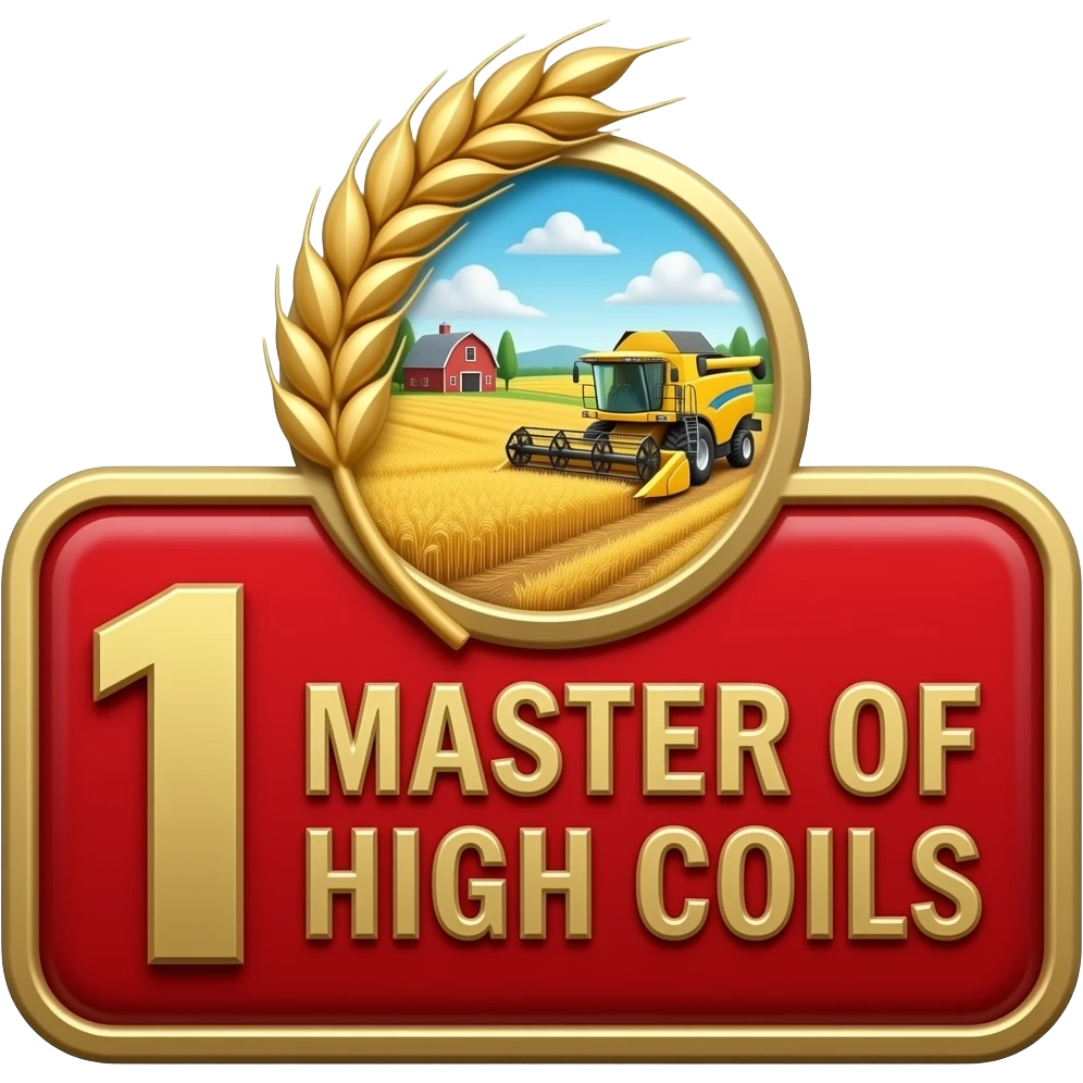 Top rectangular red enamel bar, central golden wheat. Gold ring: landscape with fields, barn, and detailed combine harvester. Foreground dominated by large red enamel framed golden '1' and dominant large Russian text: 'МАСТЕР ВЫСОКИХ НАДОЕВ'. emoji