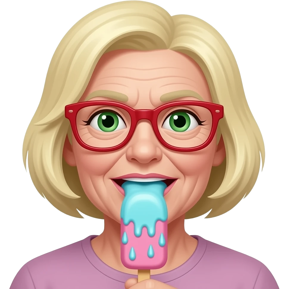 Gryzienie loda przez starszą  kobietę i szczuplejszej  twarzy na patyku w kolorze różowym językiem włosy blond zielone oczy i okulary w kolorze czerwonym, kapiąca ślina emoji