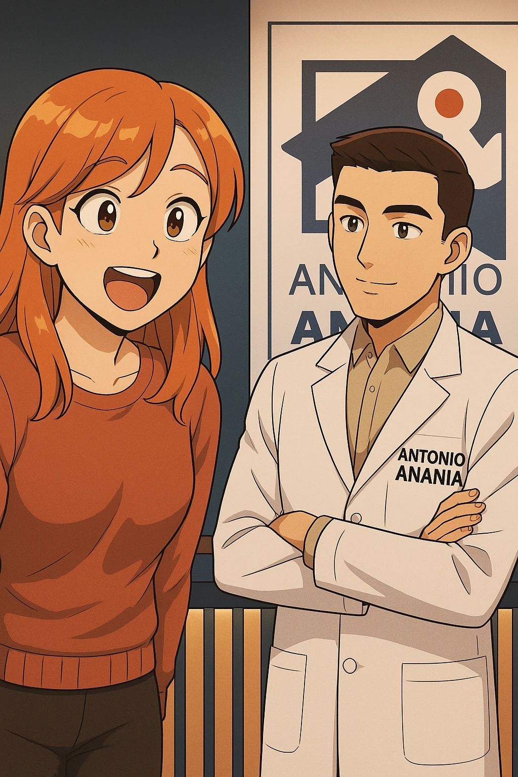 su questo stile fai un manga/webtoon a colori in cui C'è UNA STRISCIA CON FOCUS SUL VOLTO DELLA donna CON ESPRESSIONE DI STUPORE CHE ESCLAMA UNA COSA FELICE, MENTRE NELLA STRISCIA A DESTRA SI VEDE, l'uomo della foto in stile manga LE SPIEGA CHE DEVE PROVARE LA SUA VALUTAZIONE MEDICA, mantieni un ambiente simile alla foto che ho allegato con il suo logo (sarebbe il suo studio, lui è un kinesiologo), scrivigli "ANTONIO ANANIA" sul camice bianco, non mettere fumetti, ma fai in modo che sembri che la donna CHIEDA E  l'uomo RISPONDA emoji