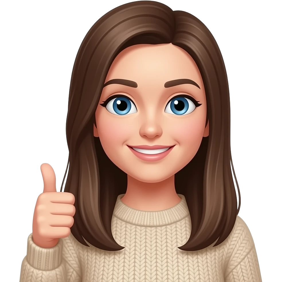 Woman. Long straight Brown hair. Blue Eyes. Beige sweater. Happy but with an eyebrow raised with a thumbs up emoji