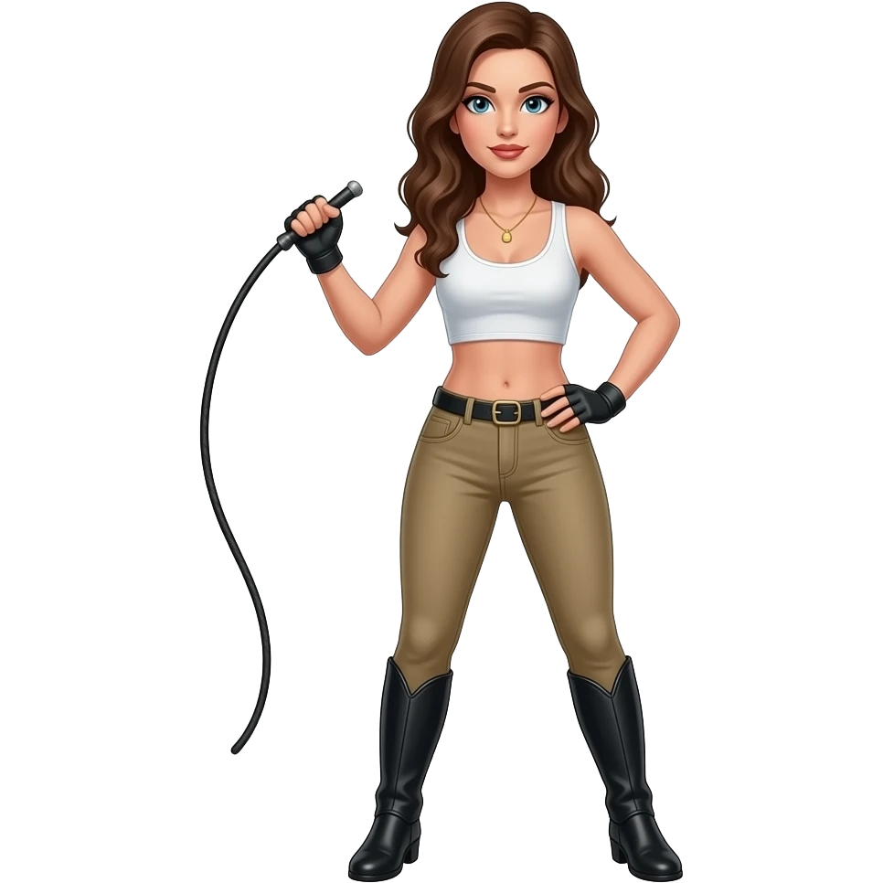woman in two tone jodhpurs, with a whip in one hand, and her other hand on her hip, standing with her legs apart emoji