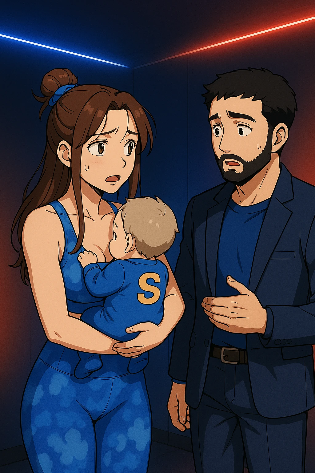 ispirati a questo stile di disegno e fai questa immagine in versione manga/webtoon a colori, il manga mostra la donna preoccupata con un neonato in braccio con una tutina azzurra e la scritta "S" sulla schiena, la donna gli sta facendo una domanda all'uomo, ma non fare i fumetti, fai come se stessero parlando emoji
