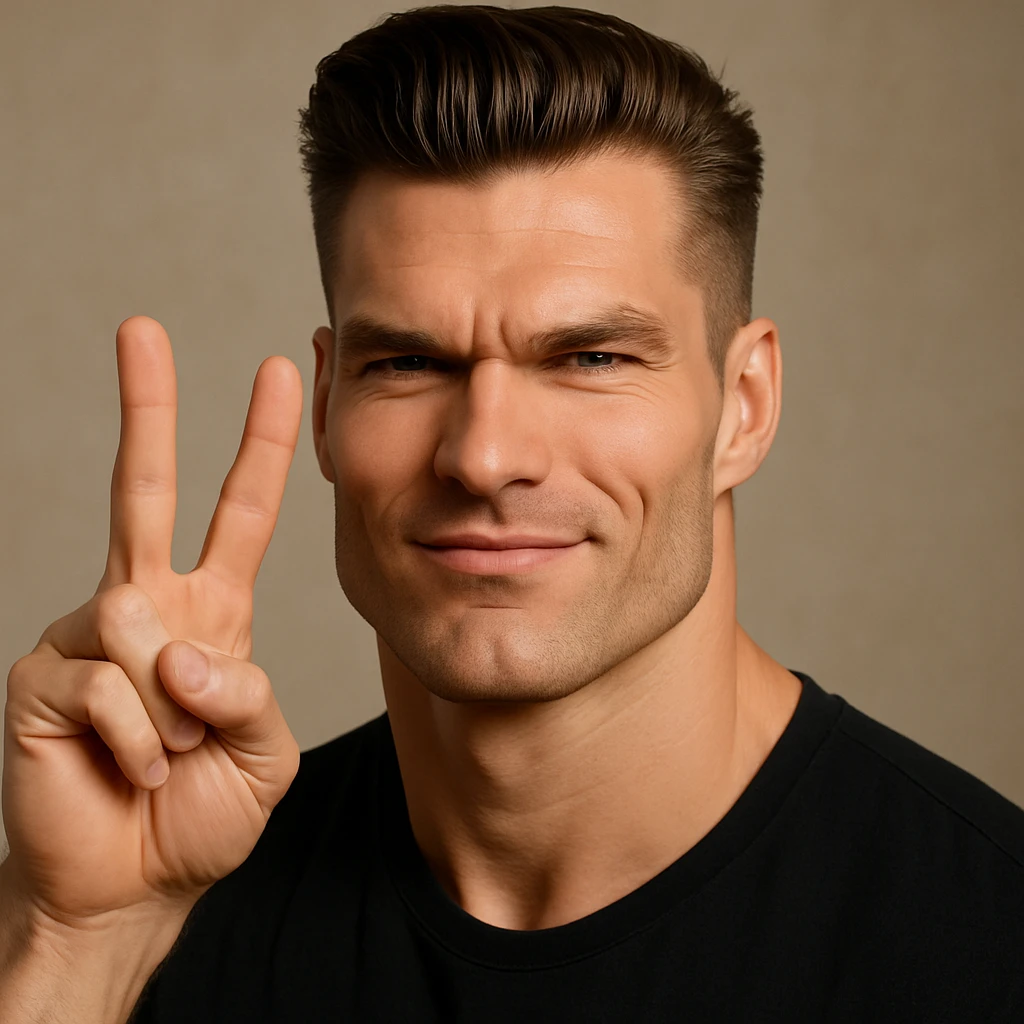 Transform the image into a giga chad style with a strong jawline and confident expression. Use only natural skin tones and realistic features, avoiding any gray colors or shades. Keep the look playful and cool without cartoonish exaggeration, aiming for a realistic appearance. emoji