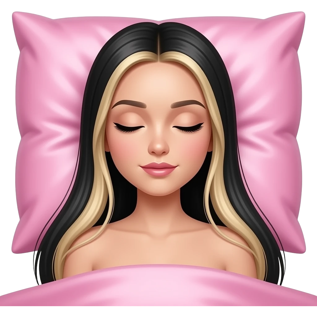 sleeping beauty white woman with long straight black and blonde hair with a pink silk pillow emoji