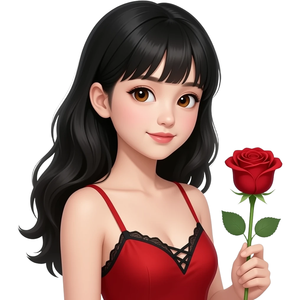Chinese girl with black long hair styled curtain bangs, pretty brown siren eyes, a red dress, thin strap, with the top of a black bra showing laced, make her look attractive  have her head tilted to the side holding a blood red color rose make her look 12 years old and looking at the rose emoji