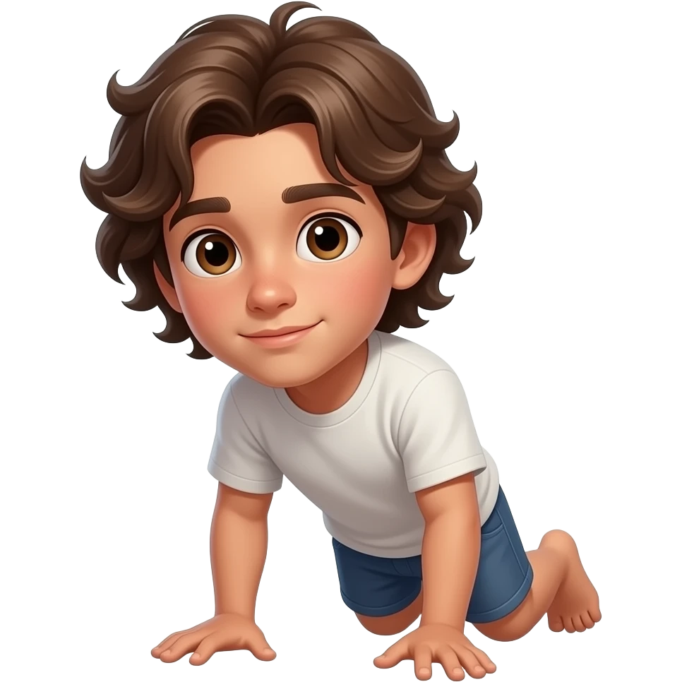 Hazme un chico con pelo rizado largo hacia abajo, ojos marrones, boca y nariz mediana. Bajito de constitución un poco fuerte un poco bronceado, camiseta y pantalon corto emoji