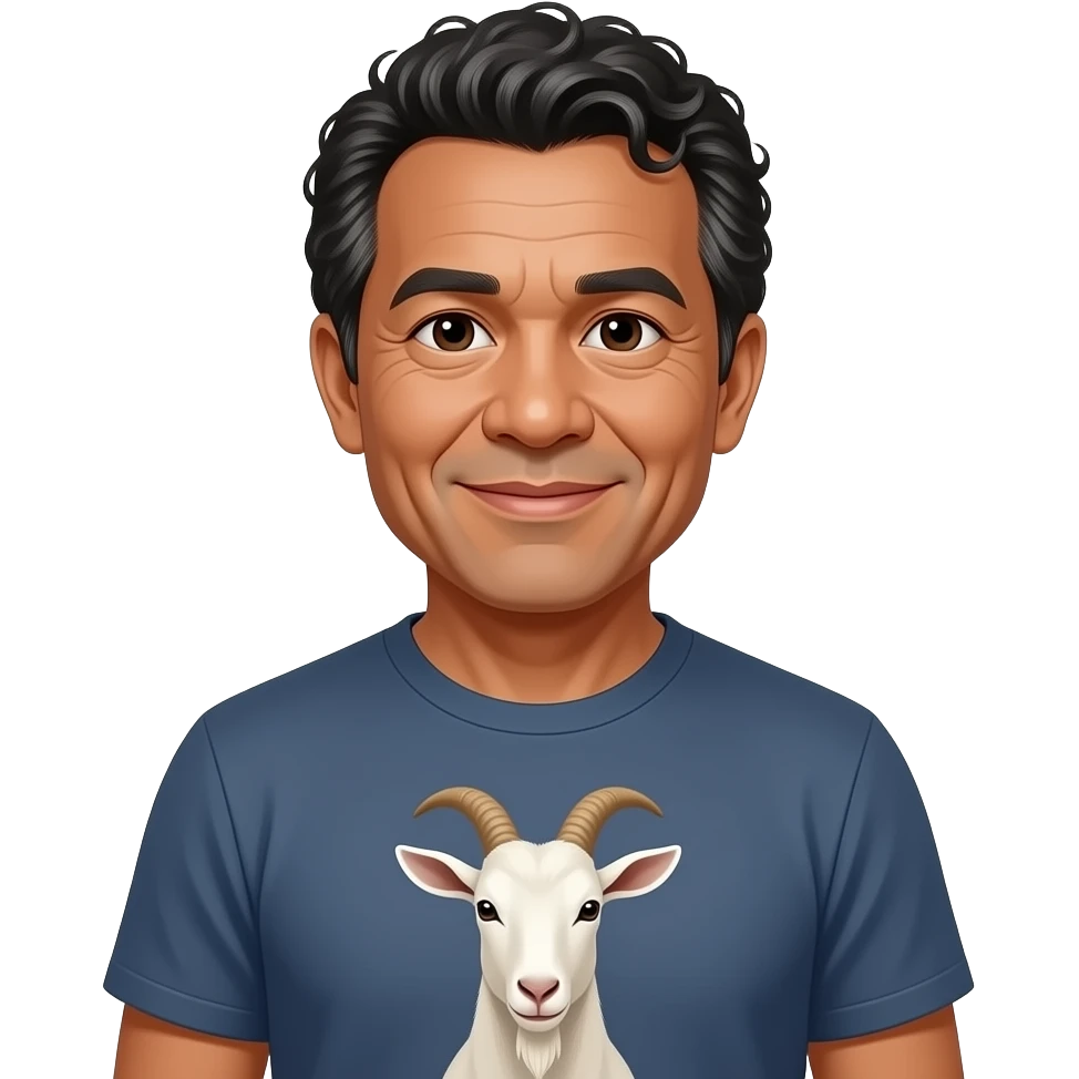 Picture of a 60 year old Pacific Islander man with curly hair and Goat tee emoji