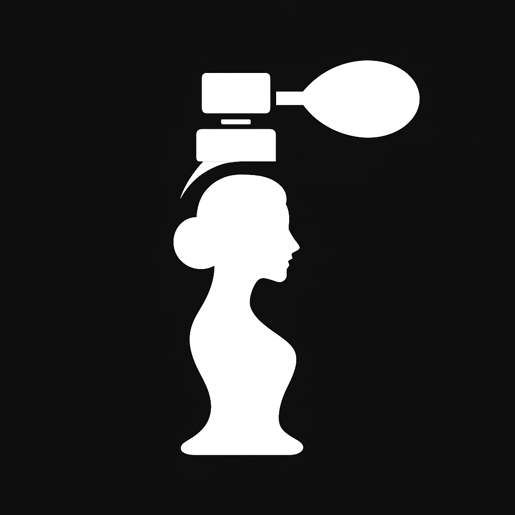 white Vector elegant icon of perfume woman shape, black solid background emoji