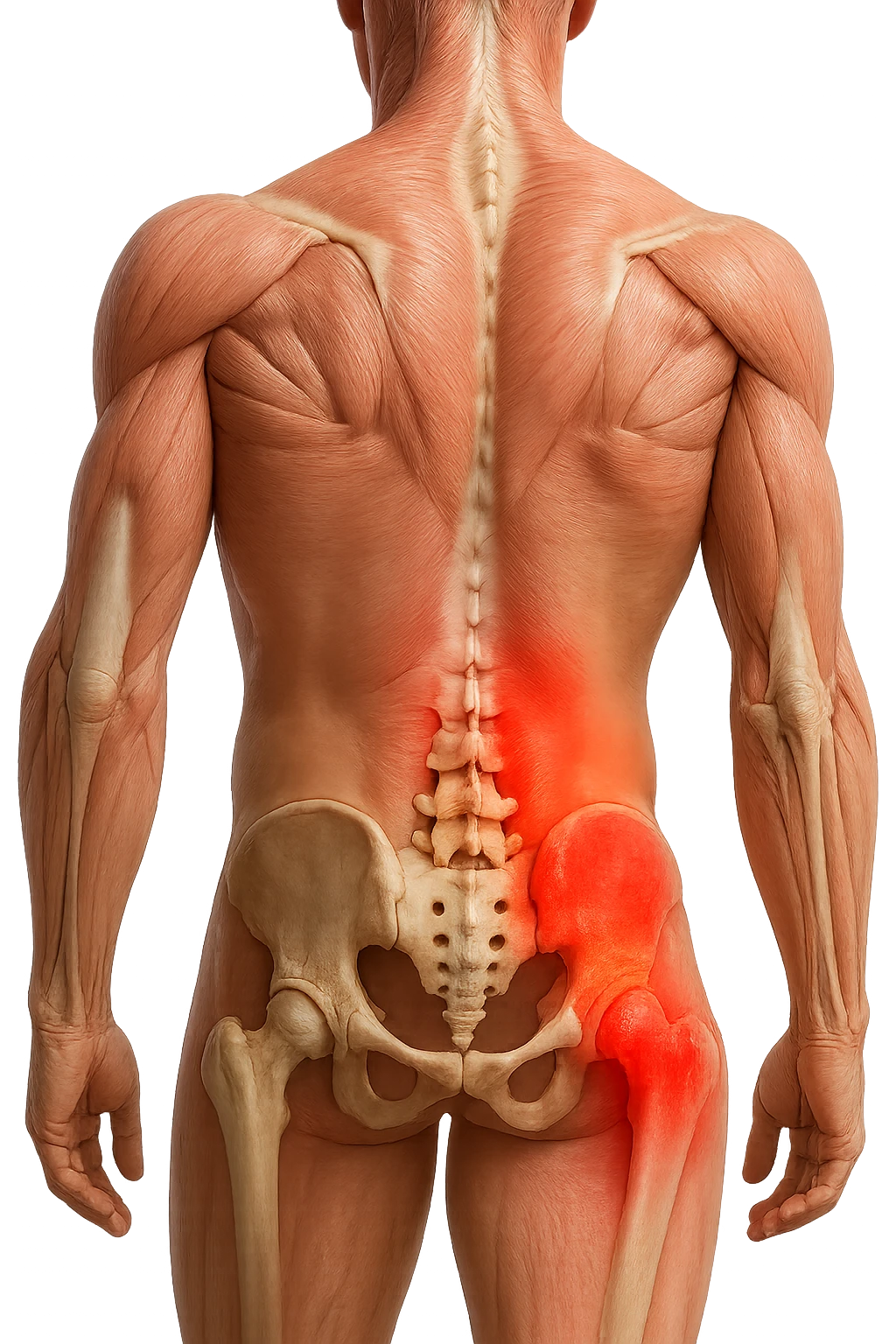 CORPO UMANO ANATOMICO REALISTICO DI SPALLE CON DOLORE ALLA LOMBARE INFIAMMATA, DOLORE ALL'ANCA, IPERREALISTICO 4K emoji