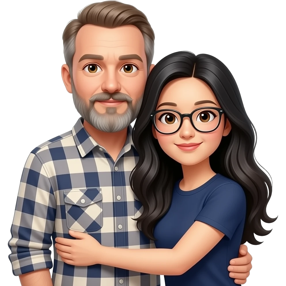 A slim white man with thinning light brown hair, hazel eyes, moustache and very long scraggly graying beard, wearing a plaid flannel long sleeve shirt, embracing a chinese woman with long black wavy hair with a few gray strands, brown eyes and glasses, wearing a navy colored t-shirt emoji