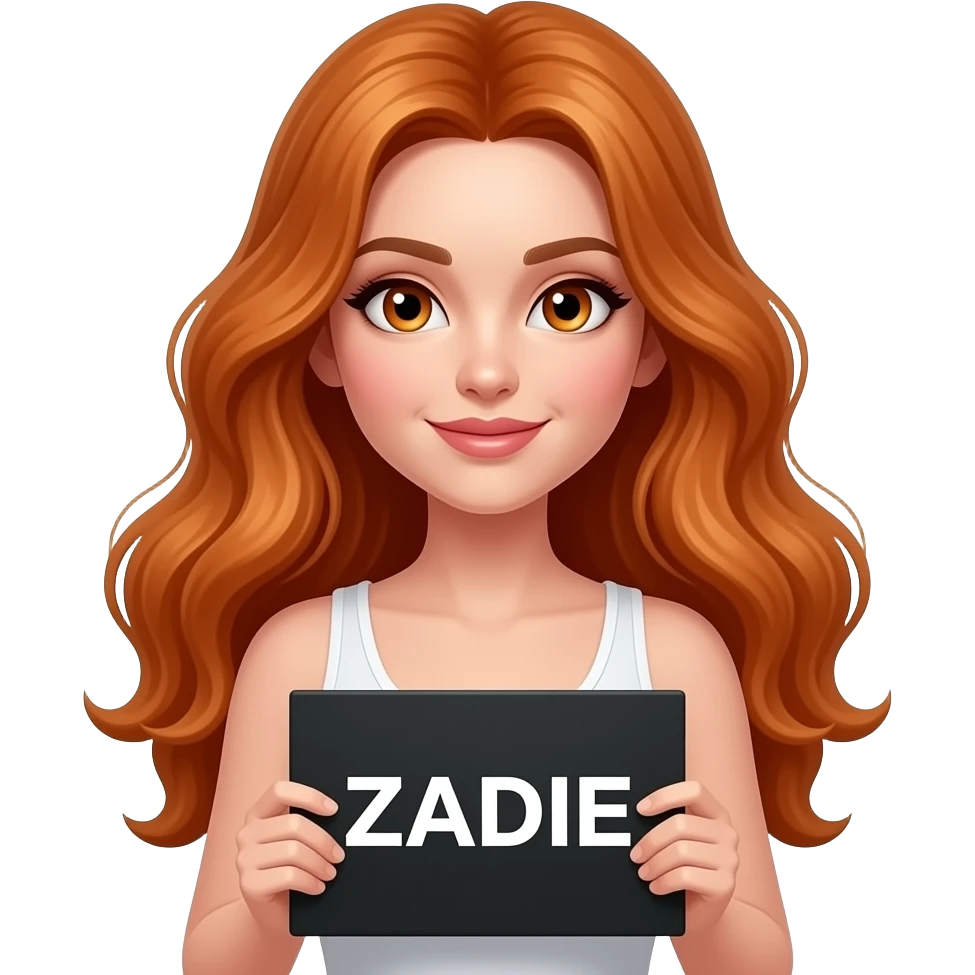 sexy girl with long wavy ginger hair and ginger eyes wearing a white tanktop is holding a black colored sign with ZADIE written on it emoji