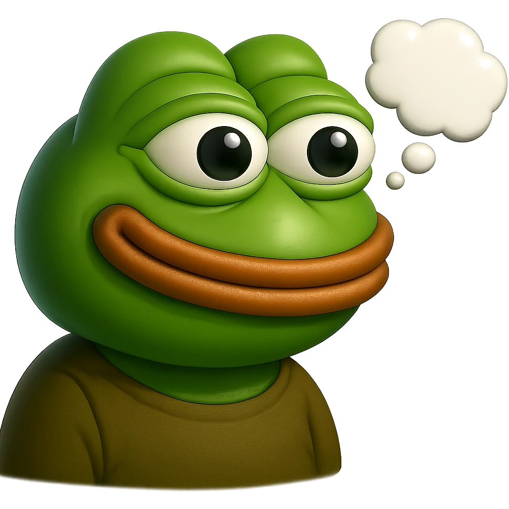 make a pepe in bright green smiling with thought bubble looking at right side in 3d style, good highlights and shadows, drop shadows emoji