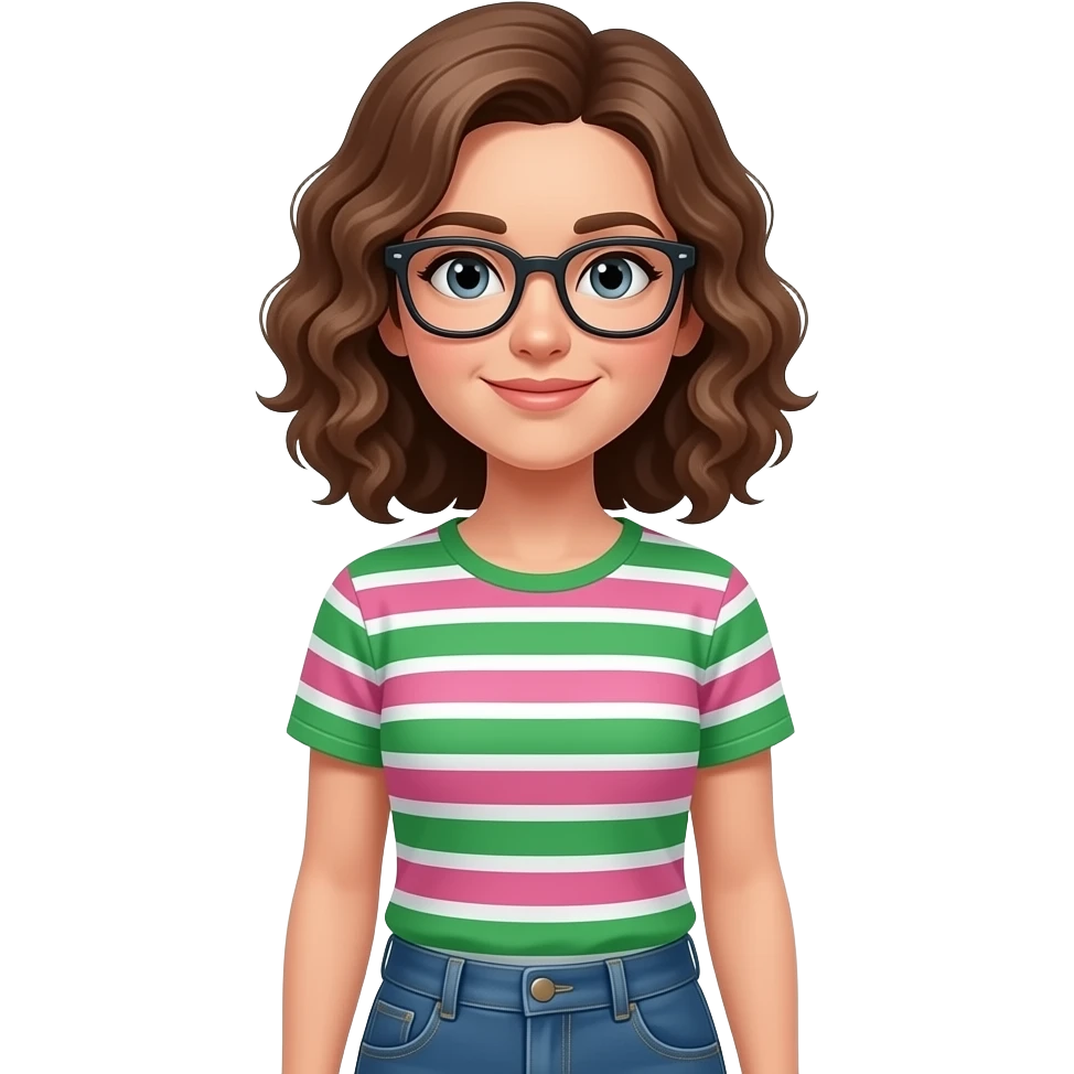 Make an emoji a women teacher dutch with glasses and brown curly mi long hear with an t-shirt with green pink and withe stripes and a blue jeans emoji
